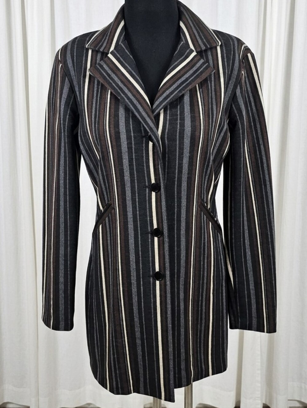 Agnes B. Vintage Made In France Wool Stripe Long Blazer.